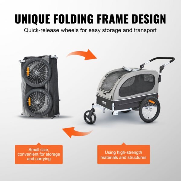 VEVOR dog bike trailer with folding frame, quick-release wheels, and high-strength materials.