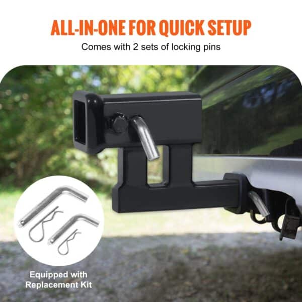 VEVOR hitch adapter with locking pins and replacement kit for secure and quick setup.