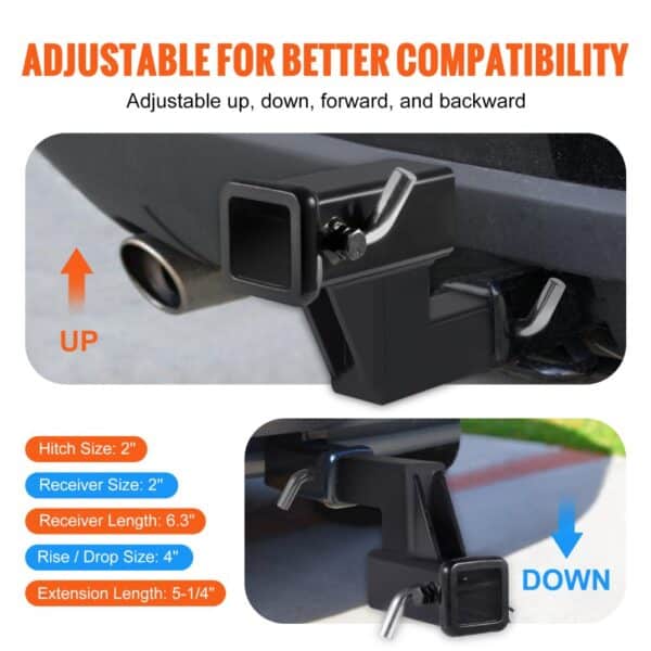 VEVOR trailer hitch riser, adjustable up, down, forward, and backward for better compatibility.