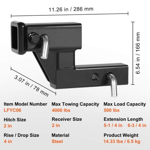 VEVOR trailer hitch riser, model lfyc06, 2-inch hitch and receiver, 4000 lbs towing, steel material.