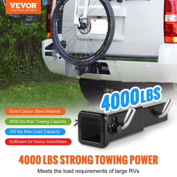 VEVOR trailer hitch extender attached to a white vehicle with a bike, showing 4000 lbs towing capacity.