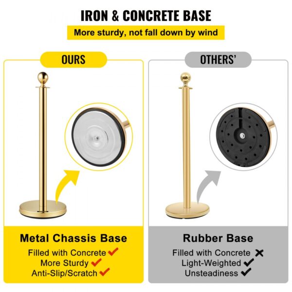 comparison of VEVOR velvet ropes and posts with a metal chassis base vs. others' rubber base.