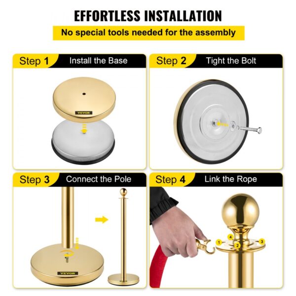 VEVOR velvet ropes and posts assembly guide: install the base, tighten bolt, connect pole, link rope.