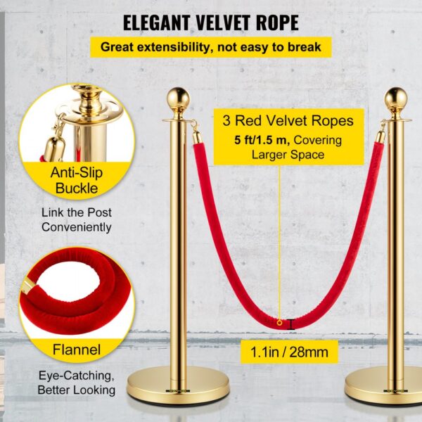 VEVOR velvet ropes: 3 red velvet ropes with anti-slip buckles and gold posts.