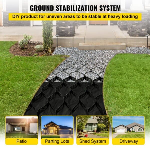 VEVOR ground grid stabilizing gravel path for patio, driveway, and shed system stability.