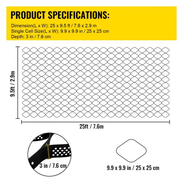 VEVOR ground grid dimensions: 25 ft x 9.5 ft with 9.9 in x 9.9 in cells, 3 in depth.