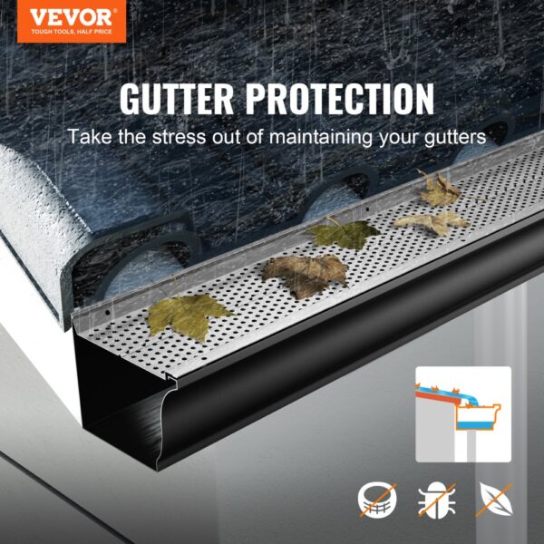 VEVOR gutter guard protecting gutter from leaves and debris during heavy rain.