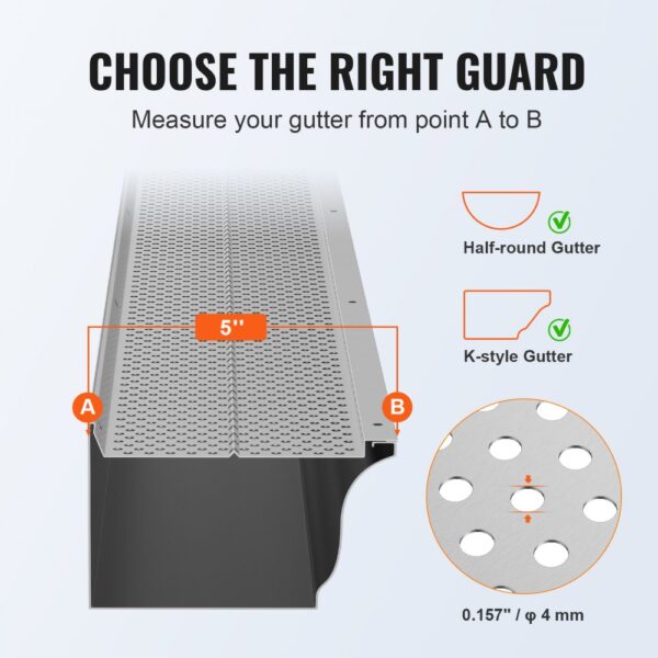 VEVOR gutter guard guide: fits half-round and k-style gutters, measures 5 inches from a to b.