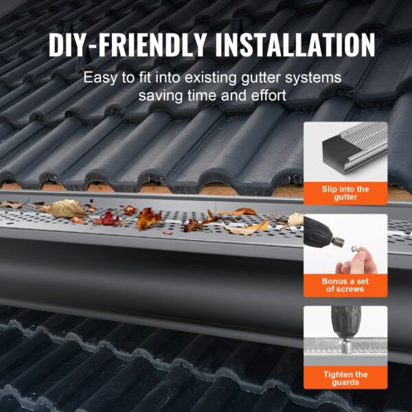 diy-friendly installation of VEVOR gutter guard showing easy steps: slip into the gutter, screw, and tighten.