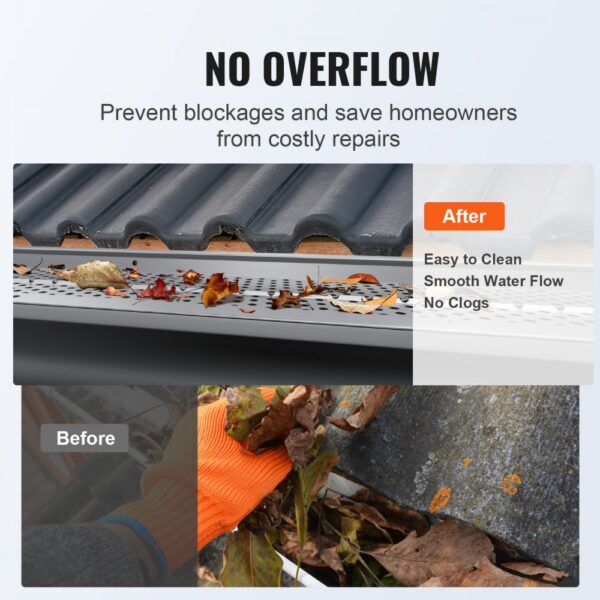 VEVOR gutter guard prevents blockages, keeps gutters clean, and maintains smooth water flow.