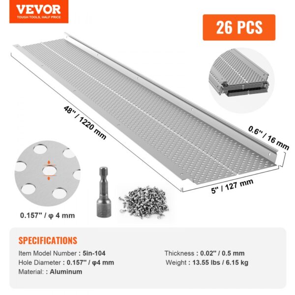 VEVOR gutter guard, 5in-104 model, 48" by 5", 26 pcs, aluminum material, 0.157" hole diameter.