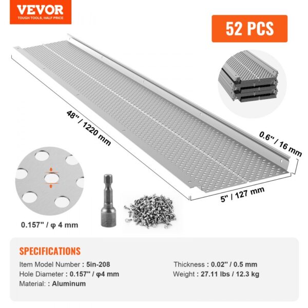 VEVOR gutter guard, aluminum, 48"x5"x0.6", 52 pcs, includes screws and drill bit, hole diameter 4mm.