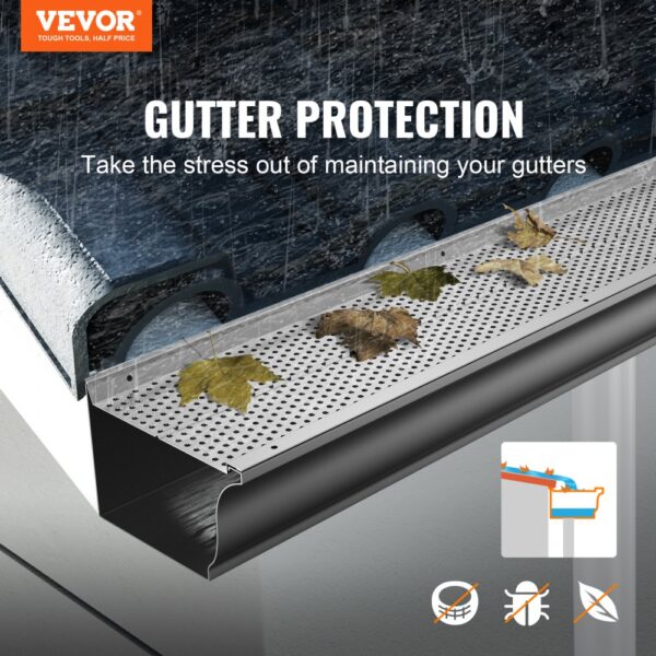 VEVOR gutter guard in rain with leaves, ensuring effective gutter protection.