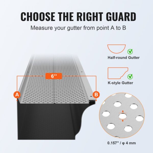 VEVOR gutter guard fits half-round and k-style gutters, 6" wide, with 0.157" perforated holes.