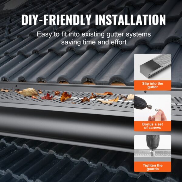 VEVOR gutter guard, easy diy installation on roof, includes screws, slip into gutter, tighten guards.