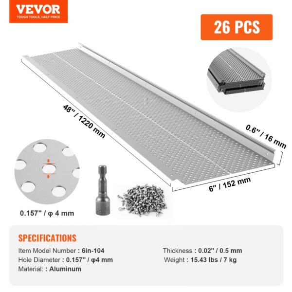 VEVOR gutter guard, 26 pcs aluminum, 48"x6", 0.157" diameter holes, with screws and drill bit.