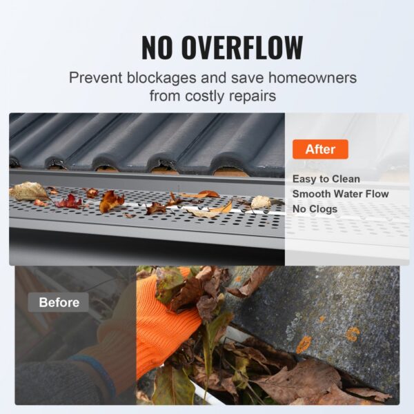 VEVOR gutter guard, prevents blockages, easy to clean, shows before with debris and after images.