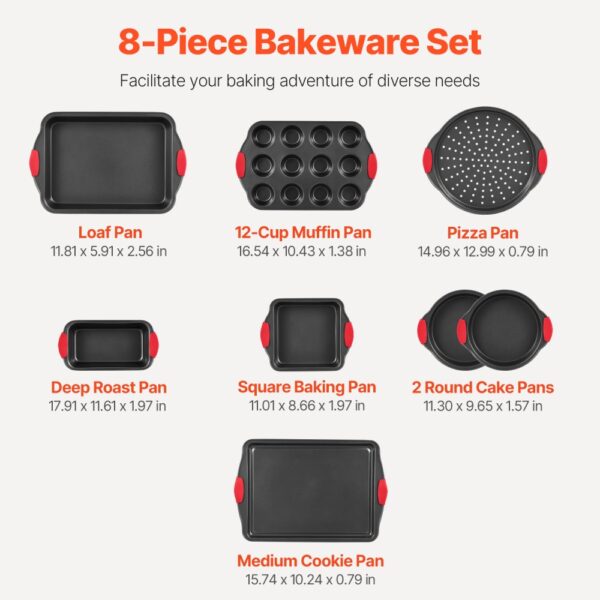 VEVOR Baking Pan Set 8-Piece Nonstick Carbon Steel Set with Silicone Handles