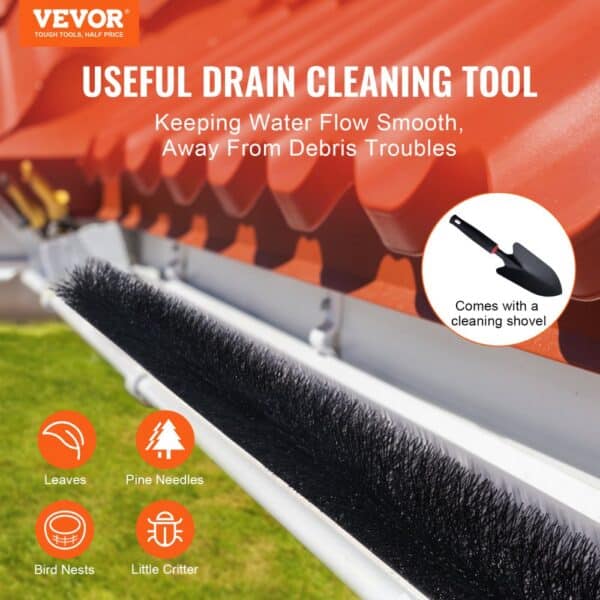 VEVOR gutter brush for smooth water flow, preventing leaves, pine needles, bird nests, and critter debris.