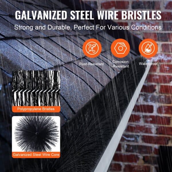 VEVOR gutter brush with galvanized steel wire bristles, polypropylene bristles, rust and corrosion-resistant.