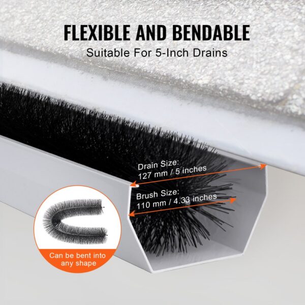 VEVOR gutter brush, flexible and bendable, for 5-inch drains, with drain and brush size illustrations.