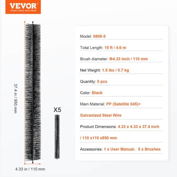 VEVOR gutter brush, 15ft length, 4.33in diameter, set of 5, black, galvanized steel wire, user manual included.