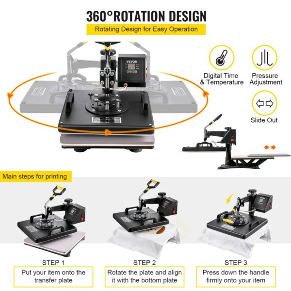 VEVOR Heat Press 8 in 1 Heat Press Machine 38x38cm Heat Transfer Press 15x15Inch T-shirt Press Mulitifuctional Sublimation Machine for T-shirt Mug Hat Plate Transfer