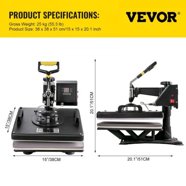 VEVOR Heat Press 8 in 1 Heat Press Machine 38x38cm Heat Transfer Press 15x15Inch T-shirt Press Mulitifuctional Sublimation Machine for T-shirt Mug Hat Plate Transfer