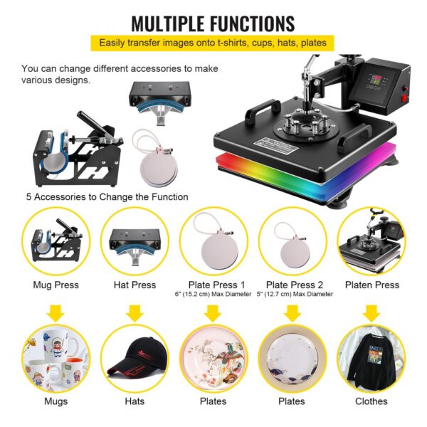 VEVOR Heat Press 5 in 1 Heat Press Machine 38x38cm Heat Transfer Press 15x15Inch T-shirt Press Mulitifuctional Sublimation Machine for T-shirt Mug Hat Plate Transfer