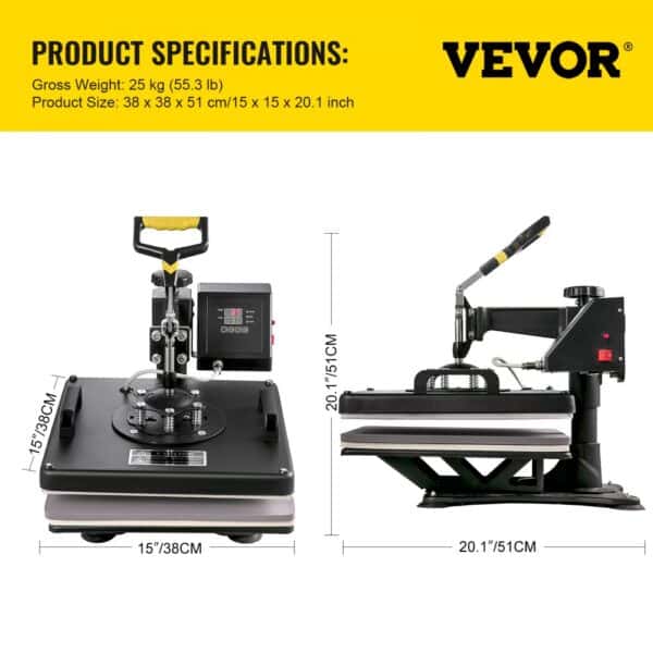 VEVOR Heat Press 5 in 1 Heat Press Machine 38x38cm Heat Transfer Press 15x15Inch T-shirt Press Mulitifuctional Sublimation Machine for T-shirt Mug Hat Plate Transfer