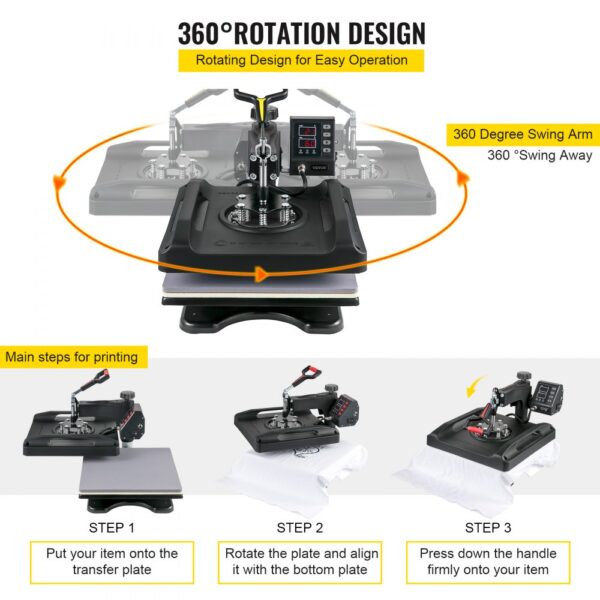 VEVOR Heat Press Machine 15 x 15 Inch 8 In 1 Heat Press 1000W Sublimation Machine 360° Rotation Swing Away Heat Press 8 In 1 Shirt Printing Machine Dual-Tube Heating for DIY T-Shirts Cap Mugs (Black)