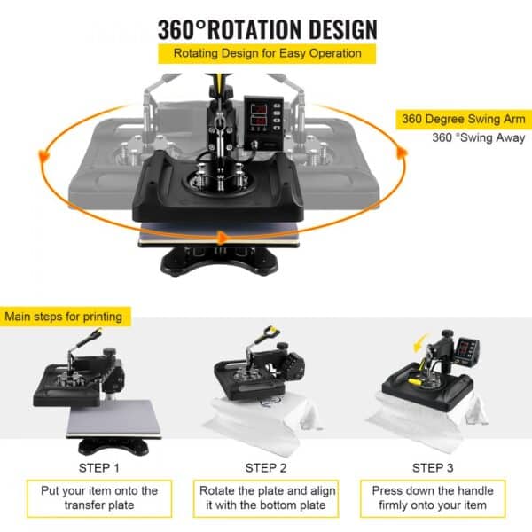 VEVOR Heat Press Machine 12 x 15 Inch 6 In 1 Heat Press 360° Rotation Swing Away Heat Press 1000W Sublimation Machine 6 In 1 Black Shirt Printing Machine Dual-Tube Heating for DIY Mugs Cap T-Shirts