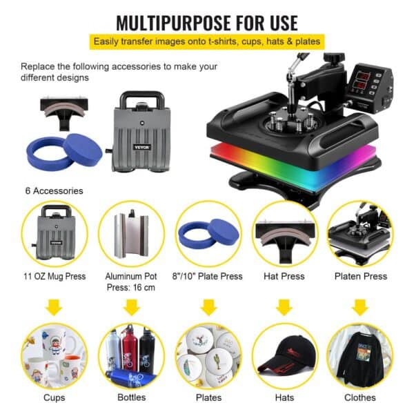 VEVOR Heat Press Machine 12 x 15 Inch 6 In 1 Heat Press 360° Rotation Swing Away Heat Press 1000W Sublimation Machine 6 In 1 Black Shirt Printing Machine Dual-Tube Heating for DIY Mugs Cap T-Shirts