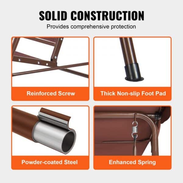 solid construction details of the VEVOR patio swing chair: reinforced screw, non-slip foot pad, powder-coated steel, enhanced spring.