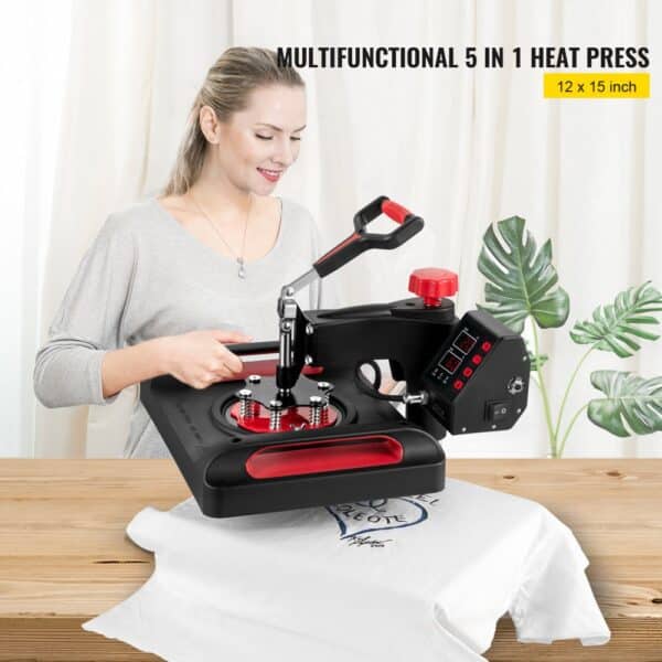 VEVOR Heat Press Machine 12 x 15 Inch 360° Rotation Swing Away Red Heat Press 5 In 1 Heat Press 1000W Sublimation Machine 5 In 1 Shirt Printing Machine Dual-Tube Heating for DIY Mugs And T-Shirts Cap