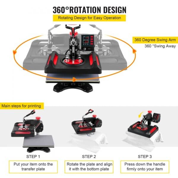 VEVOR Heat Press Machine 12 x 15 Inch 360° Rotation Swing Away Red Heat Press 5 In 1 Heat Press 1000W Sublimation Machine 5 In 1 Shirt Printing Machine Dual-Tube Heating for DIY Mugs And T-Shirts Cap