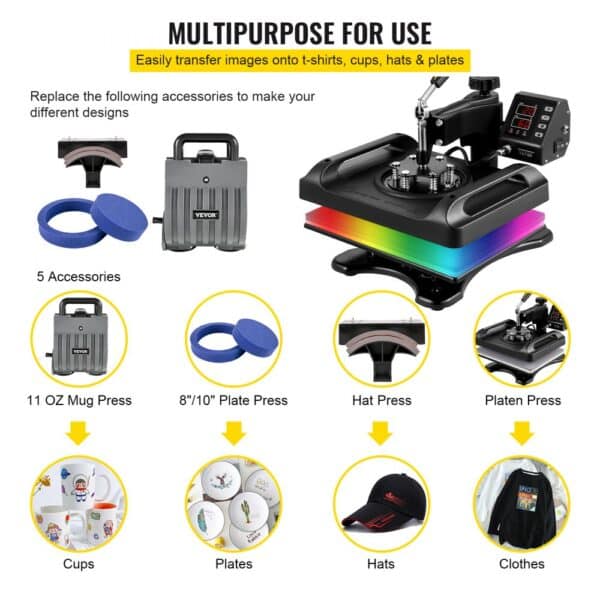 VEVOR Heat Press Machine 12 x 15 Inch 5 In 1 Shirt Printing Machine 360° Rotation Swing Away Heat Press 5 In 1 Heat Press 1000W Sublimation Machine Dual-Tube Heating for DIY T-Mugs And Shirts Cap