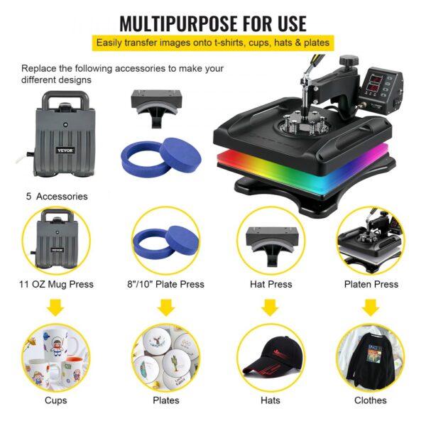 VEVOR Heat Press Machine 15 x 15 Inch 360° Rotation Swing Away Black Heat Press 5 In 1 Shirt Printing Machine 5 In 1 Heat Press 1000W Sublimation Machine Dual-Tube Heating for DIY Cap Plates Mugs