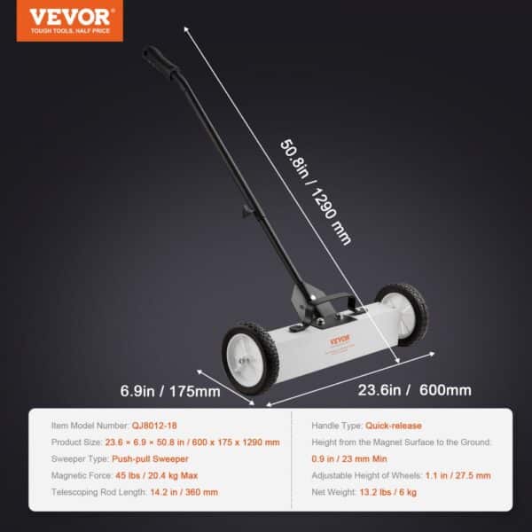 VEVOR 45Lbs Rolling Magnetic Sweeper with Wheels, Push-Type Magnetic Pick Up Sweeper, 18-inch Large Magnet Pickup Lawn Sweeper, Magnet with Telescoping Handle, Easy Cleanup of Workshop Garage Yard