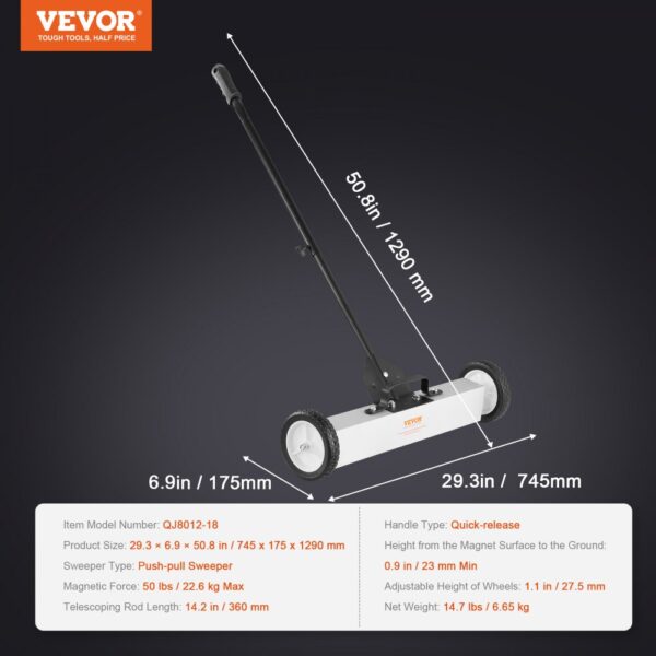 VEVOR 50Lbs Rolling Magnetic Sweeper with Wheels, Push-Type Magnetic Pick Up Sweeper, 24-inch Large Magnet Pickup Lawn Sweeper with Telescoping Handle, Easy Cleanup of Workshop Garage Yard