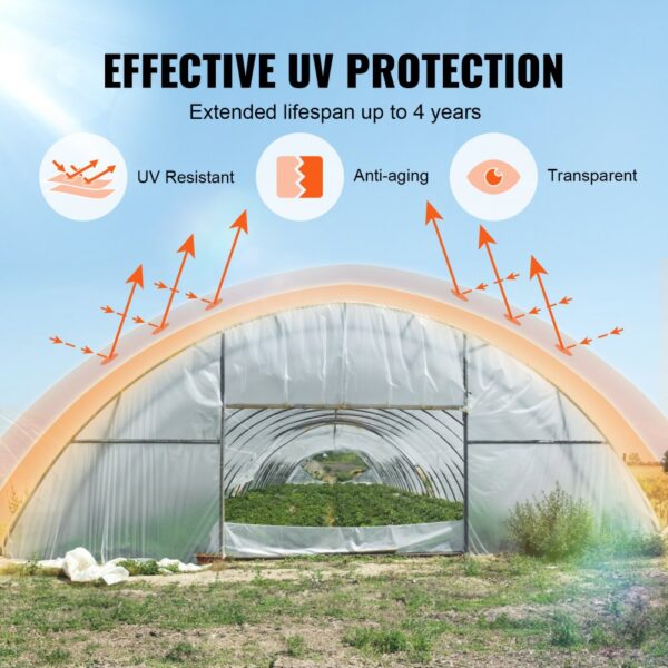 VEVOR greenhouse plastic sheeting with uv protection, anti-aging, transparent, 4-year lifespan.