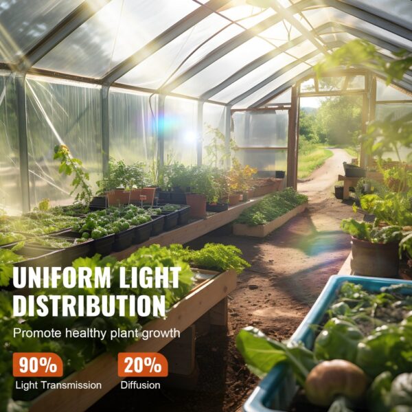 VEVOR greenhouse plastic sheeting ensures uniform light distribution for healthy plant growth.