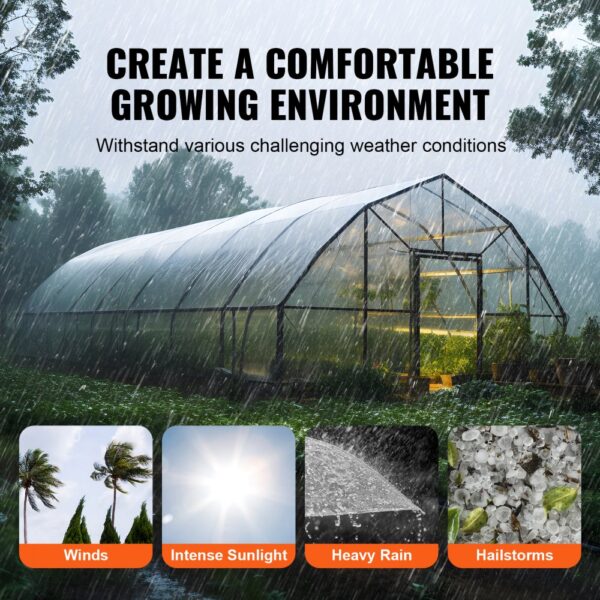 VEVOR greenhouse plastic sheeting protects plants from intense sunlight, heavy rain, winds, and hailstorms.