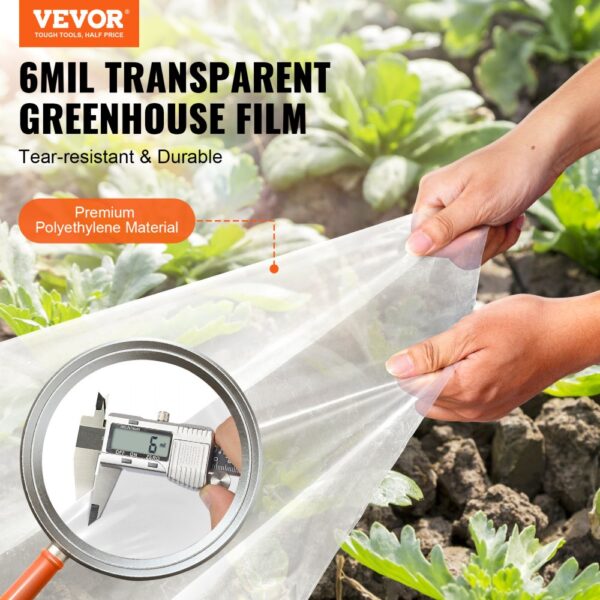 VEVOR greenhouse plastic sheeting, tear-resistant, 6mil transparent film, ideal for garden protection.