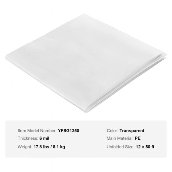 VEVOR greenhouse plastic sheeting, 6 mil, transparent, pe, 12x50 ft, 17.8 lbs