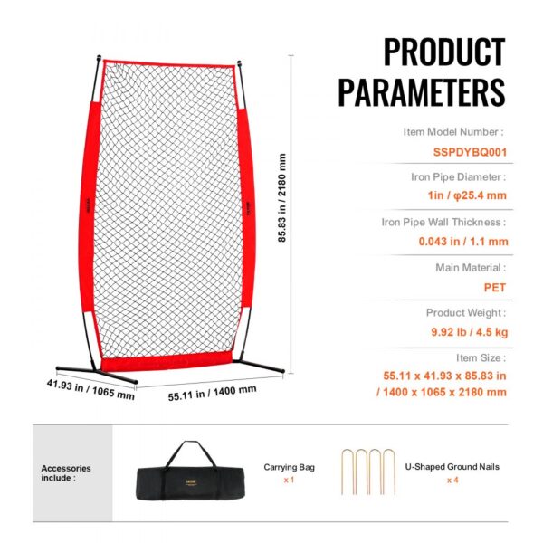 VEVOR batting cage screen diagram showing dimensions, materials, and included accessories.