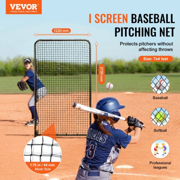 VEVOR pitching net for baseball and softball, 7x4 feet, 44mm mesh size, protects pitchers.