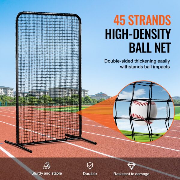 VEVOR pitching net on a track field with highlights on its sturdy, durable, and damage-resistant features.