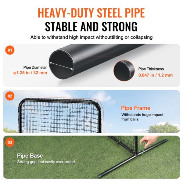 heavy-duty steel pipe, stable VEVOR pitching net, durable frame handles impact, secure pipe base.