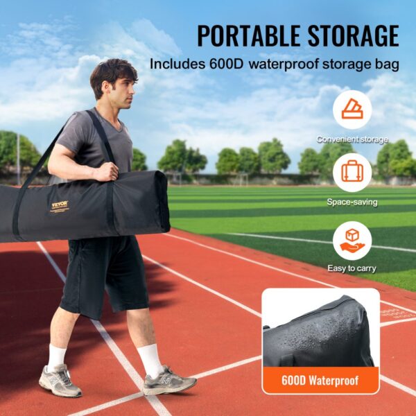 man carrying VEVOR pitching net in a 600d waterproof storage bag on a track field. convenient and easy to carry.